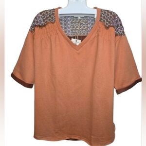 Easel NWT Oversized Terracotta V-Neck Blouse with Patterned Shoulders